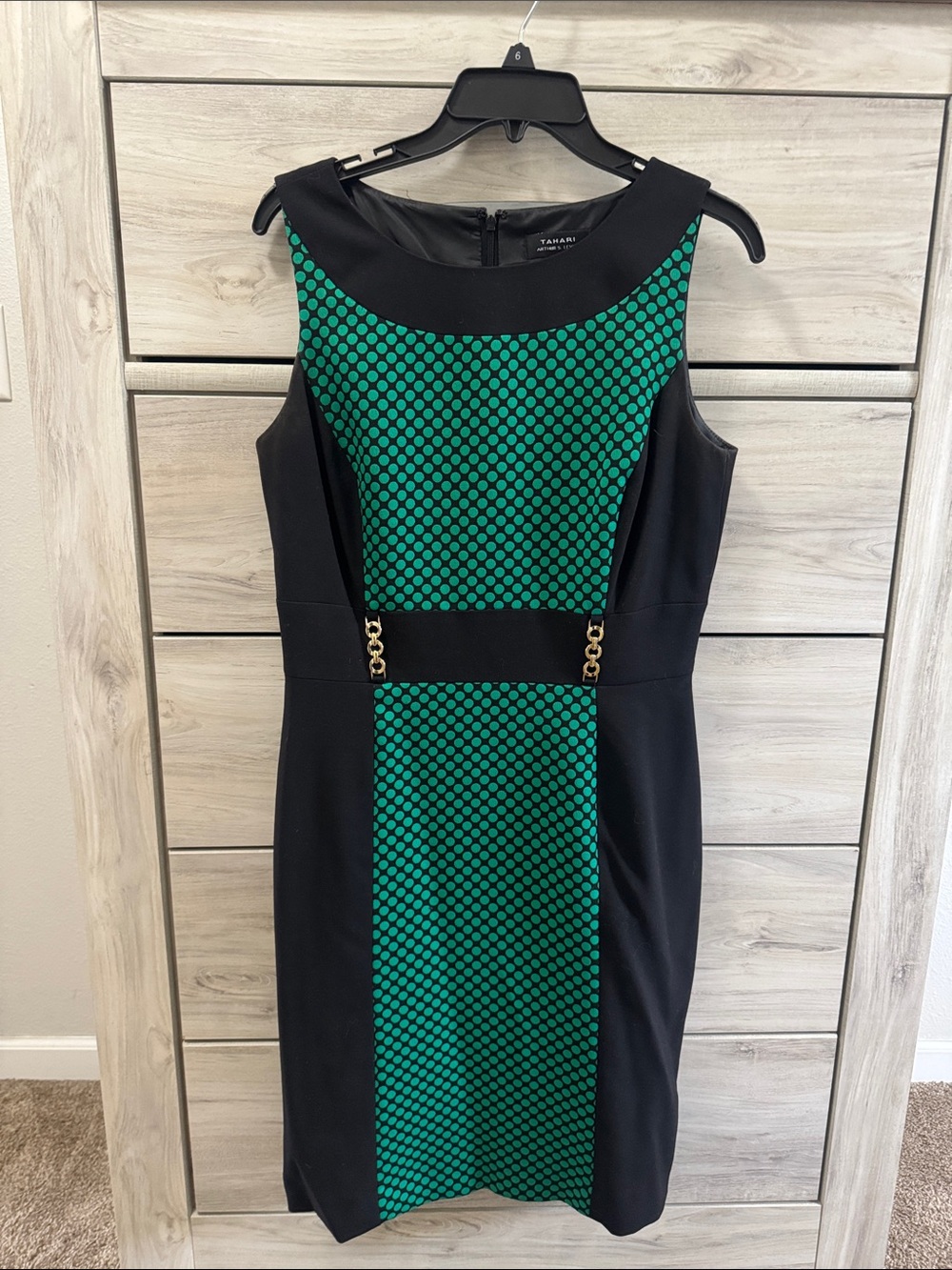 Tahari ASL Black Sheath Dress with Green Polka-Panel and Gold Chain Trim
